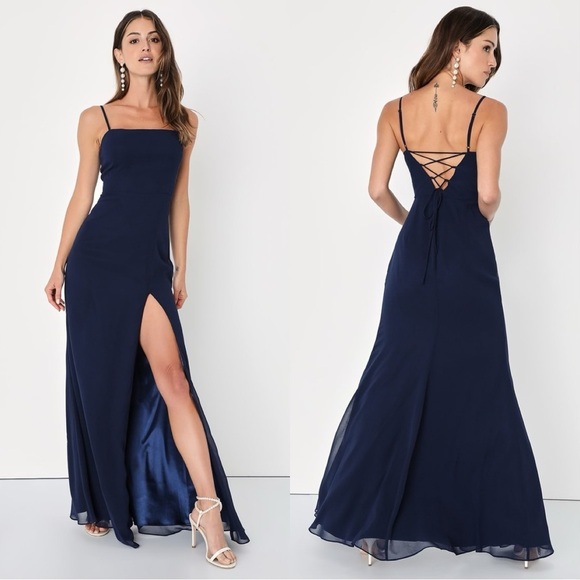 NWOT Lulus Feeling Elegant Navy Blue Lace-Up Slit Maxi‎ Dress - Picture 1 of 8